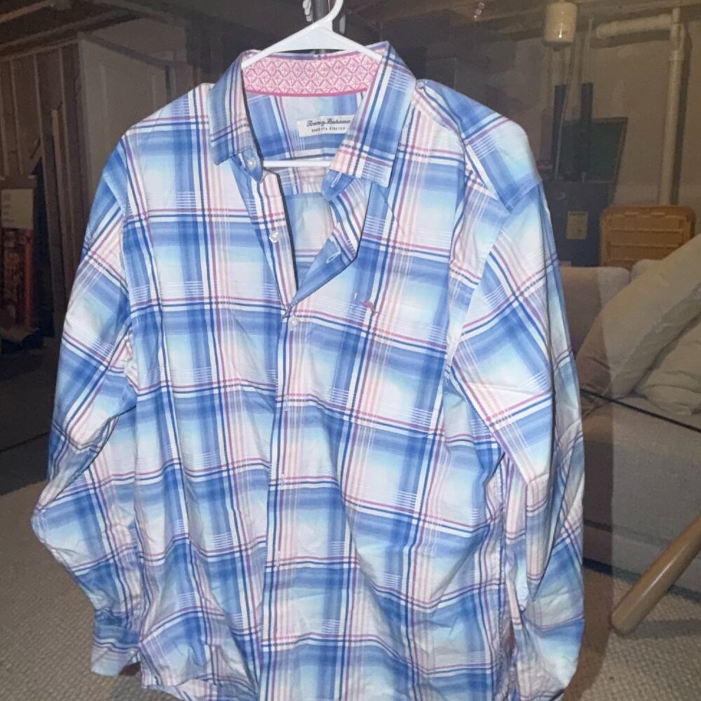 Tommy Bahama Button Up Shirt Men Medium Blue Plaid Long Sleeve Casual